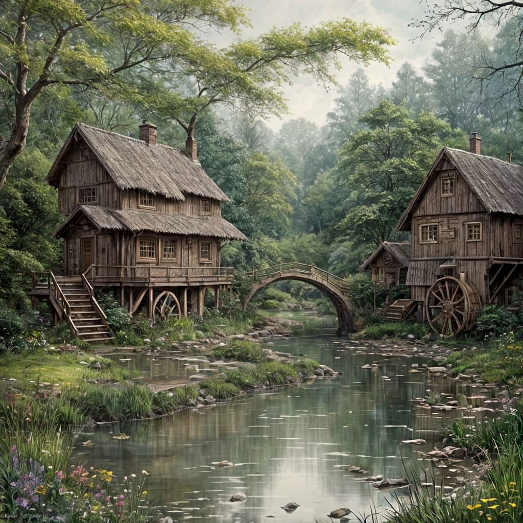 Enchanting Cottage in Meadow: Ink Painting Reverie