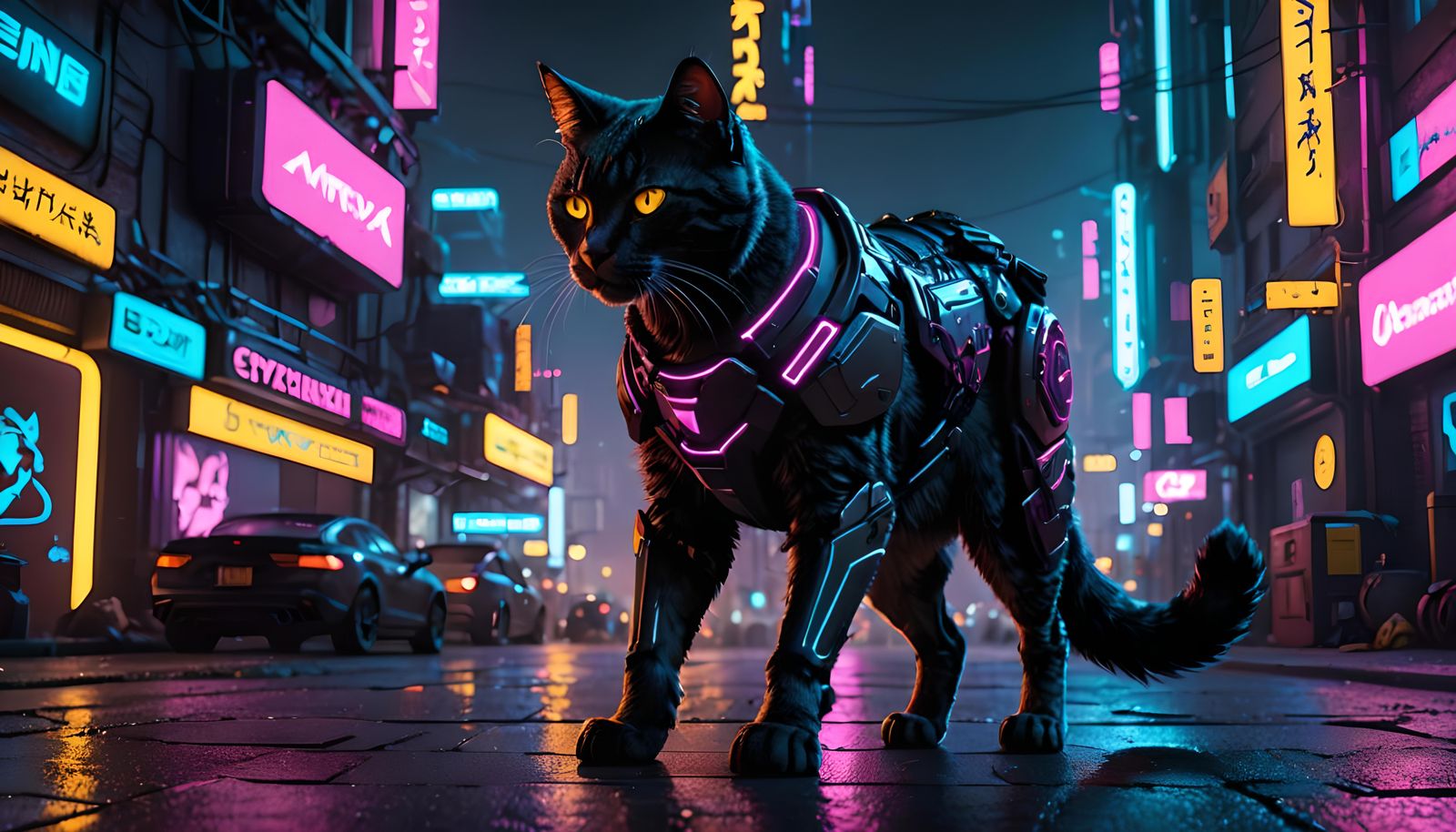 Cyber Knight and Cat in Neon Cyberpunk City
