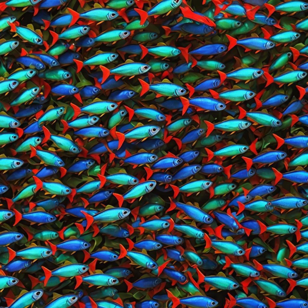 Neon Tetra Swarm: Ultrarealistic Close-Up