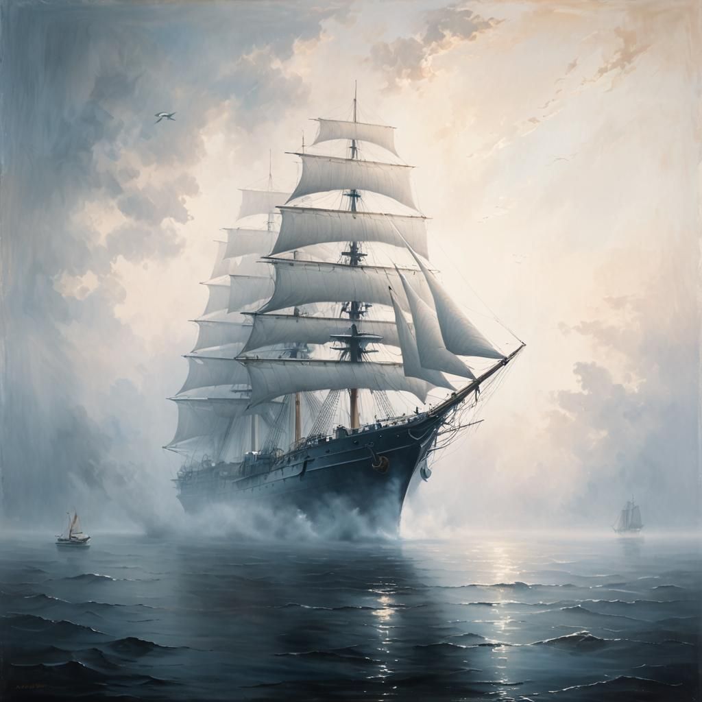 A massive ship emerges from a thick, mysterious fog over cal...