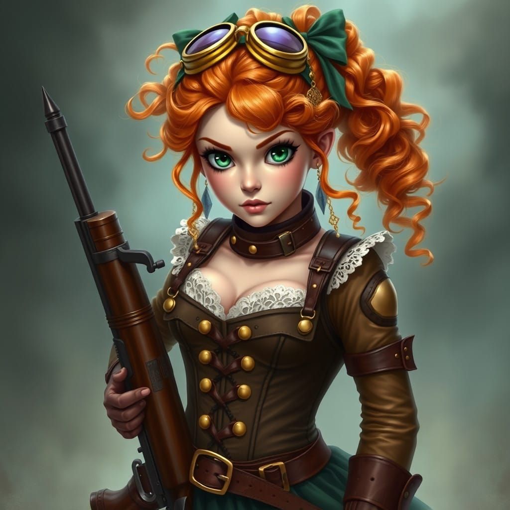 Ethereal Fantasy Girl in Ginger Hair and Brown Leather Armor