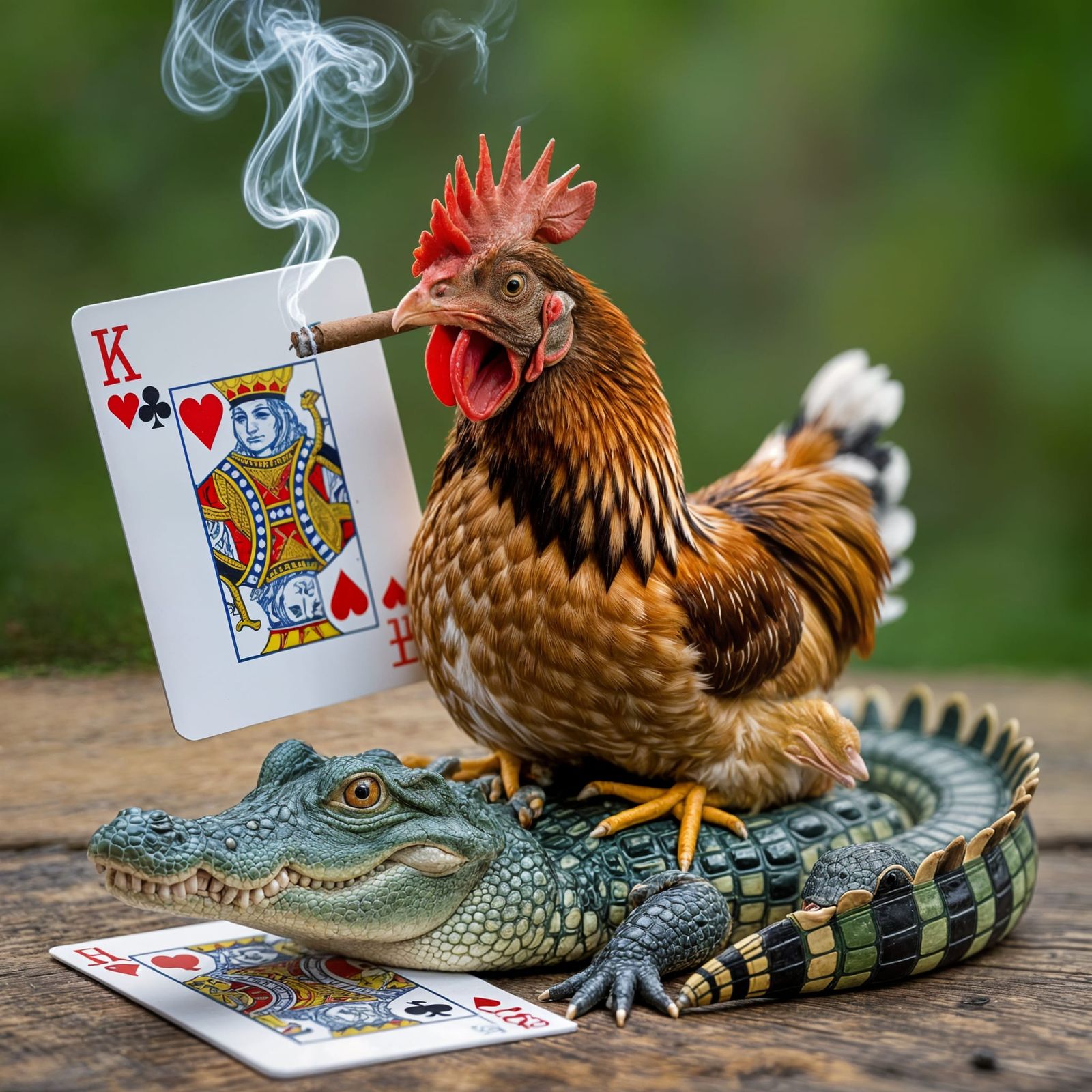 Chicken and Alligator Play Cards, Smoking Cigars