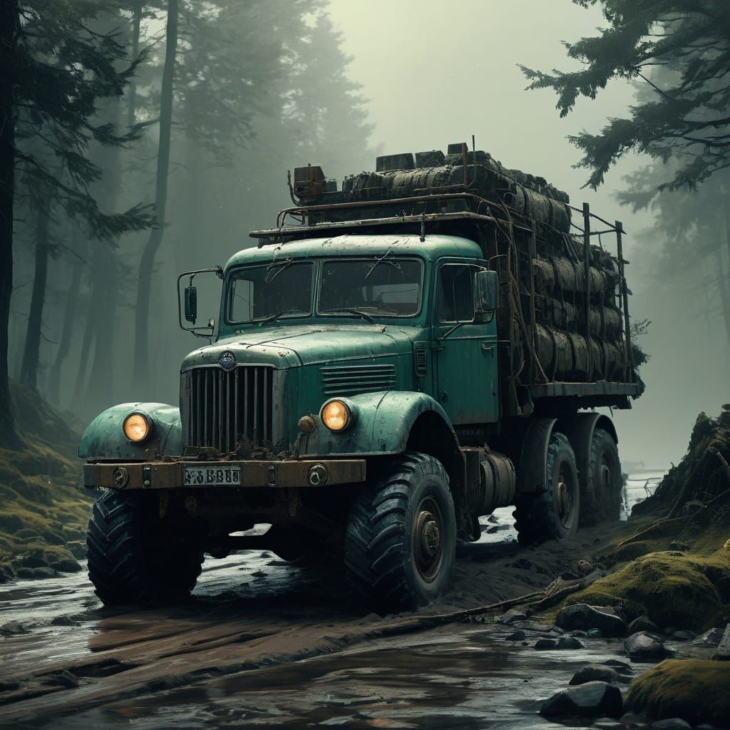 Majestic Mud-Covered Truck in a Fantastical Landscape