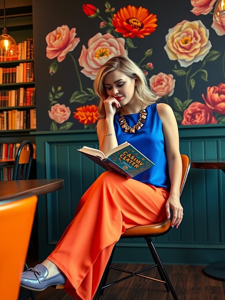 Elegant Woman Reading in Retro Bookstore Cafe