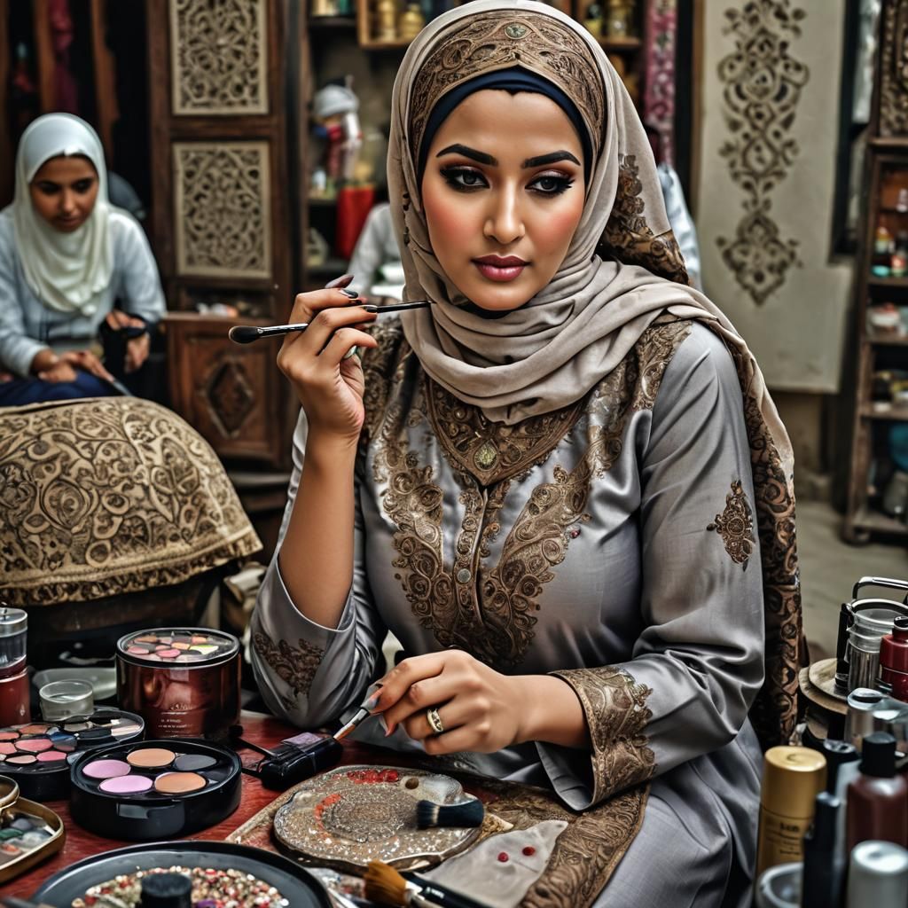 Hijabi Woman Applying Makeup in Hyperrealistic Style