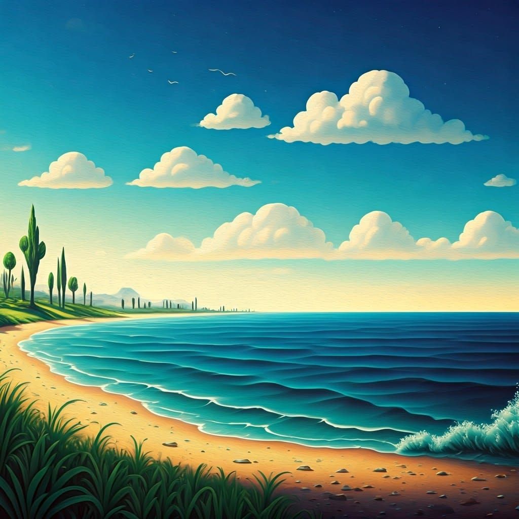 Surreal Seaside Scene in Naive Art Style