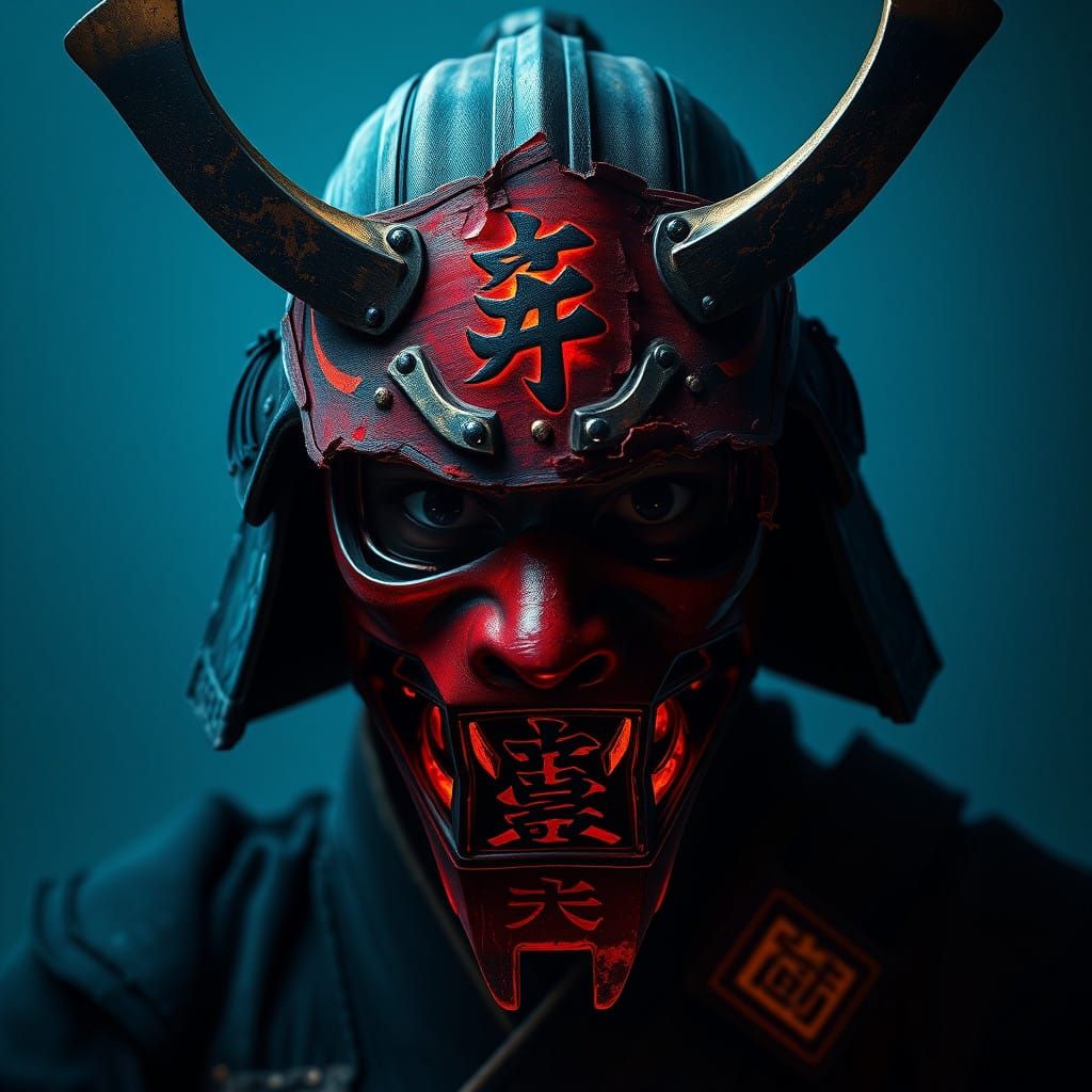 Samurai Face Concealed by Haunting Japanese Demon Mask in Da...