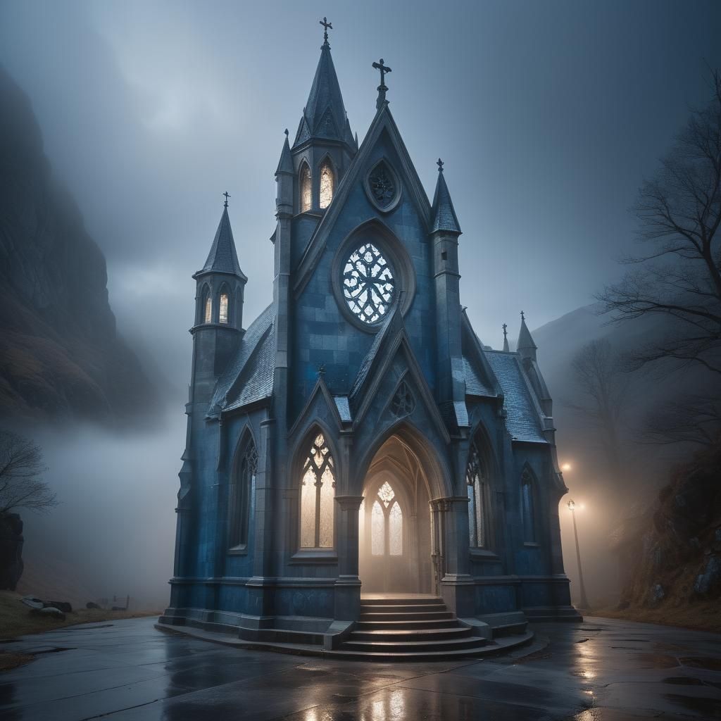 Surreal Gothic Chapel in Misty Landscape