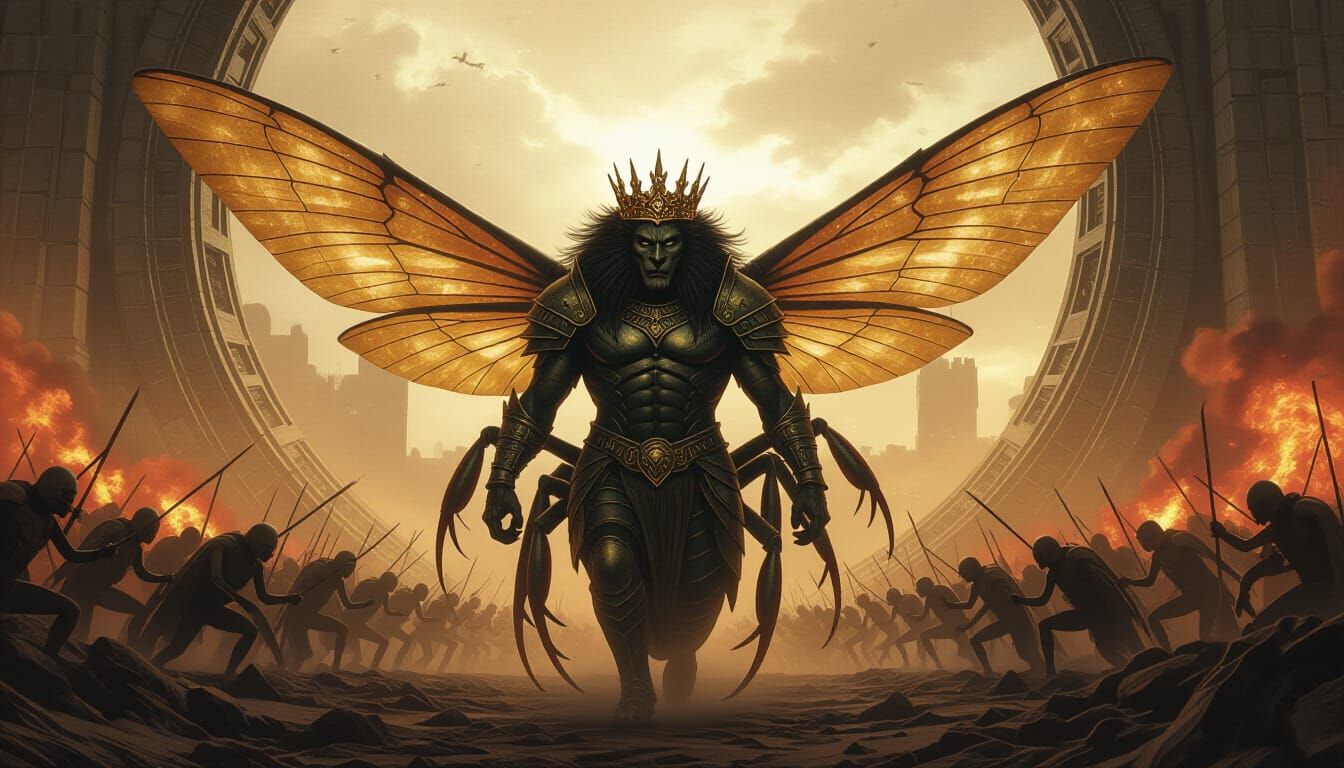 Abyssal King Leading Locust Army in Apocalyptic Landscape