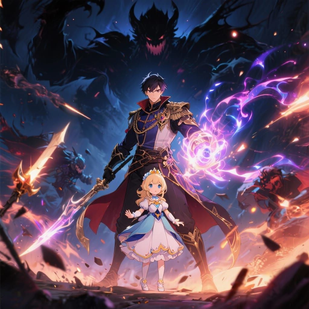 Anime Commander Protects Princess in Epic Battle Scene
