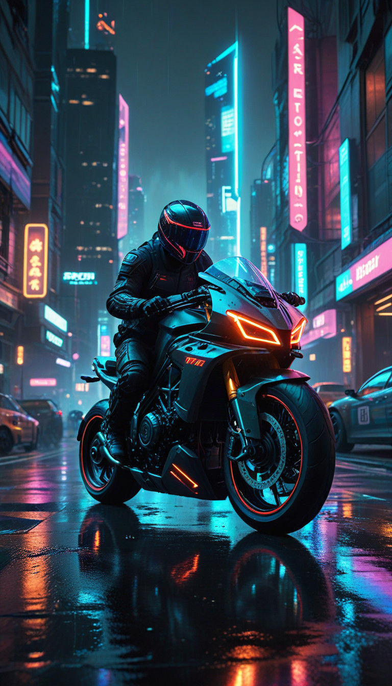 Sleek Cyberpunk Motorcycle Charges Through Neon City Streets
