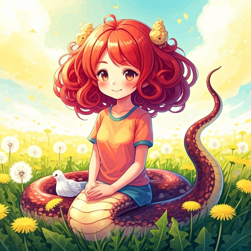 A Naga girl with coiled red hair, her rosy cheeks and large ...