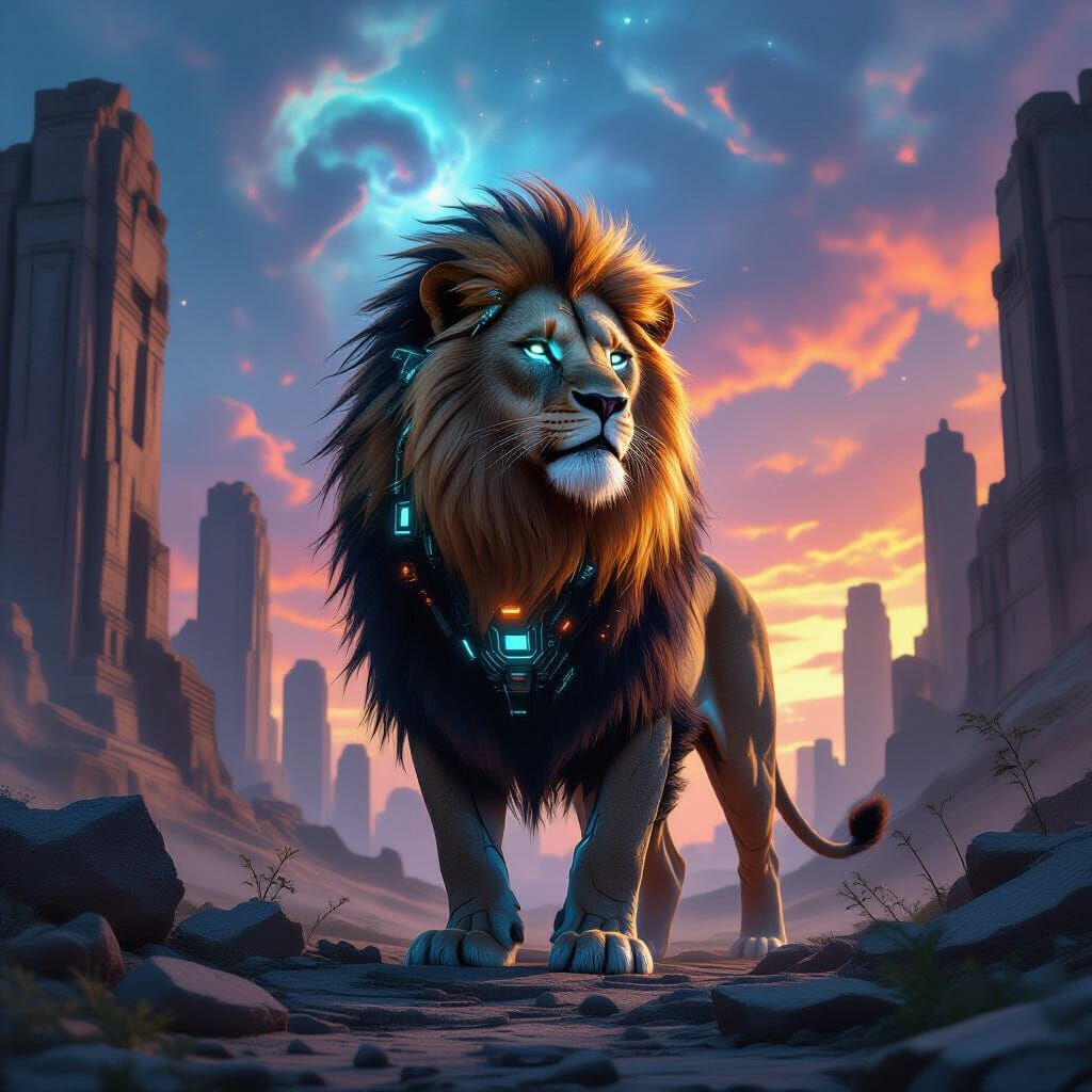 Cybernetic Lion in Alien City Ruins