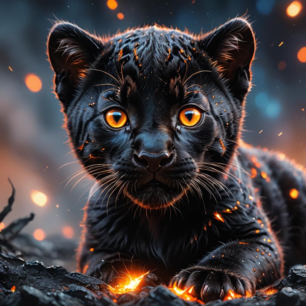 Cute Black Panther Kitten with Glowing Embers