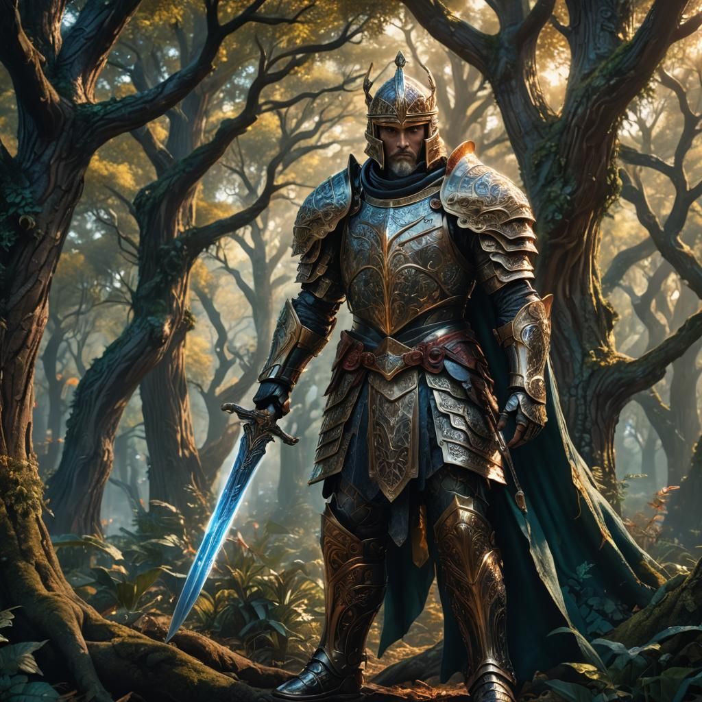 Fantasy King with Sword in Mystical Forest