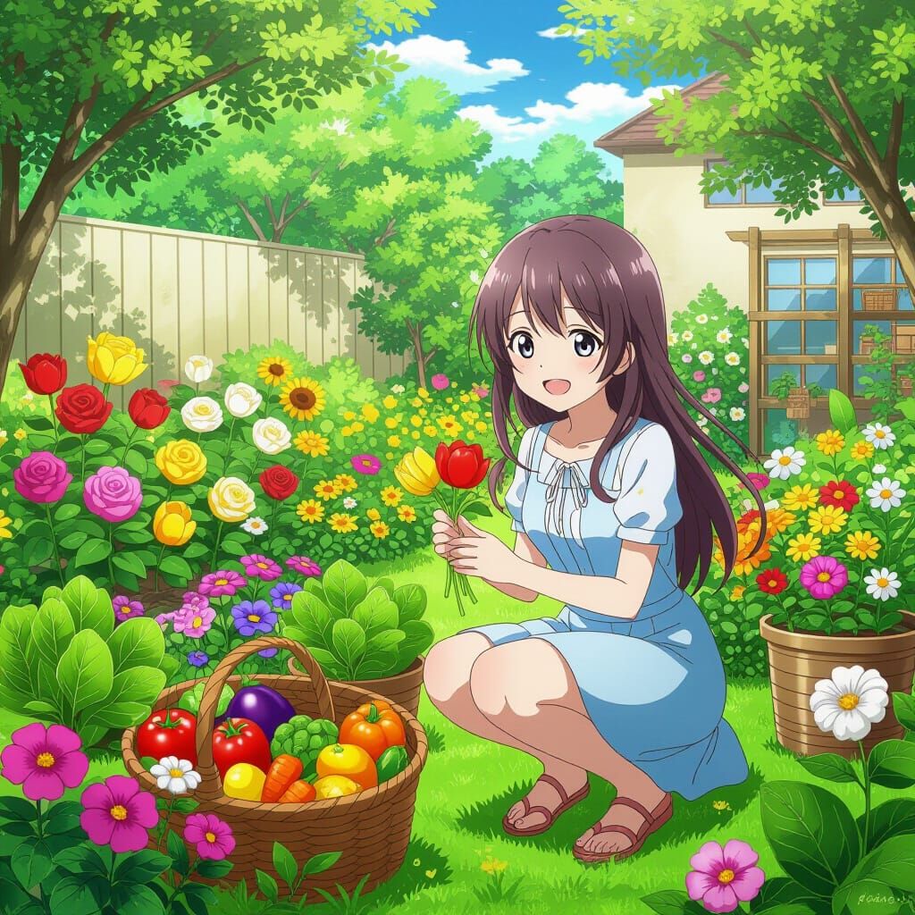 Happy Anime Girl in Her Beautiful Garden
