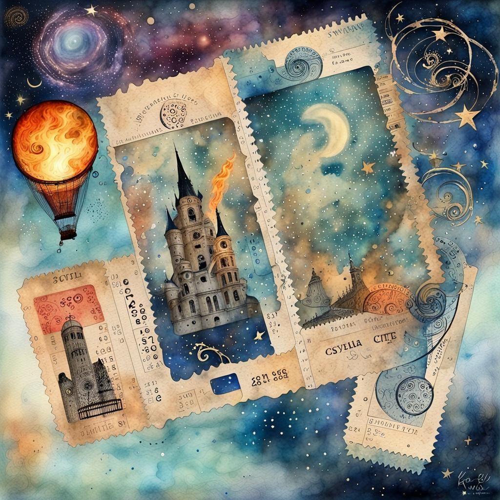 Whimsical Cosmic Collage in Watercolor Style