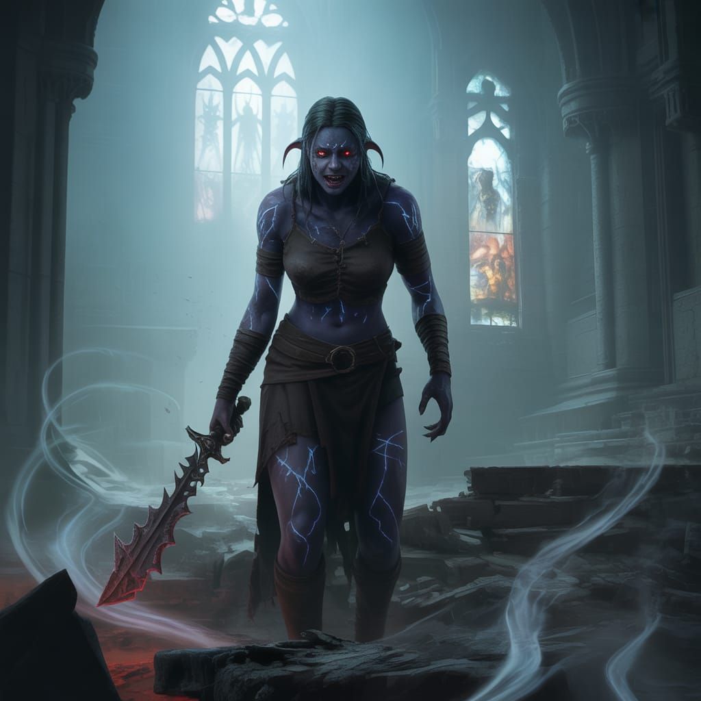 Battle-Scarred Drow Warrior in Gothic Ruins