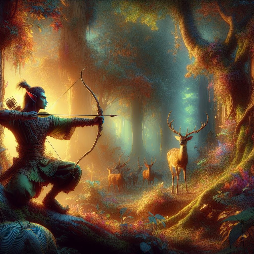 Forest Elf Archer in Enchanted Woodland Scene