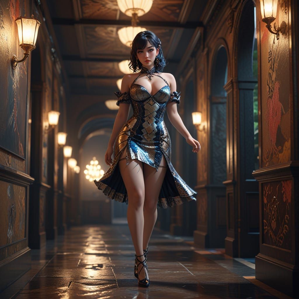 Curvy Lady in Snakeskin Dress, 3D Anime Art