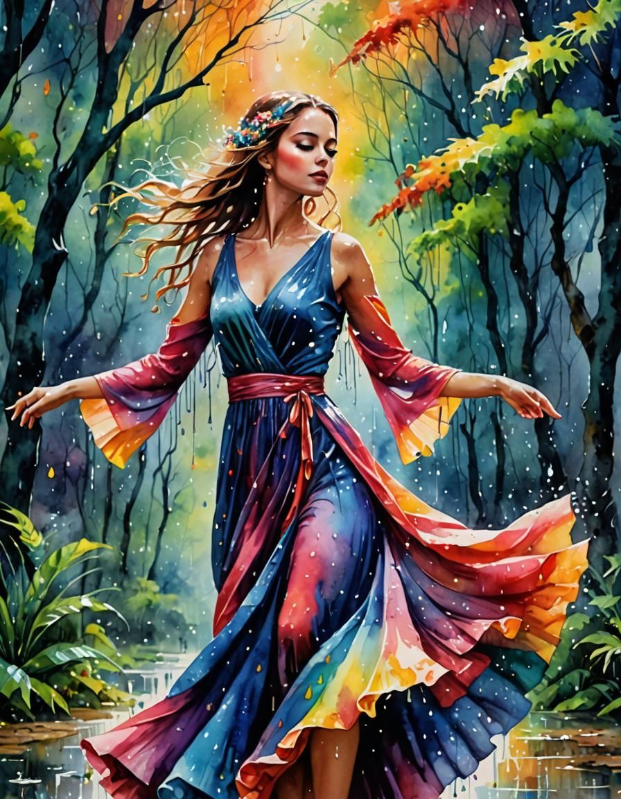 Woman Dancing in the Rain: Watercolor Dreamscape