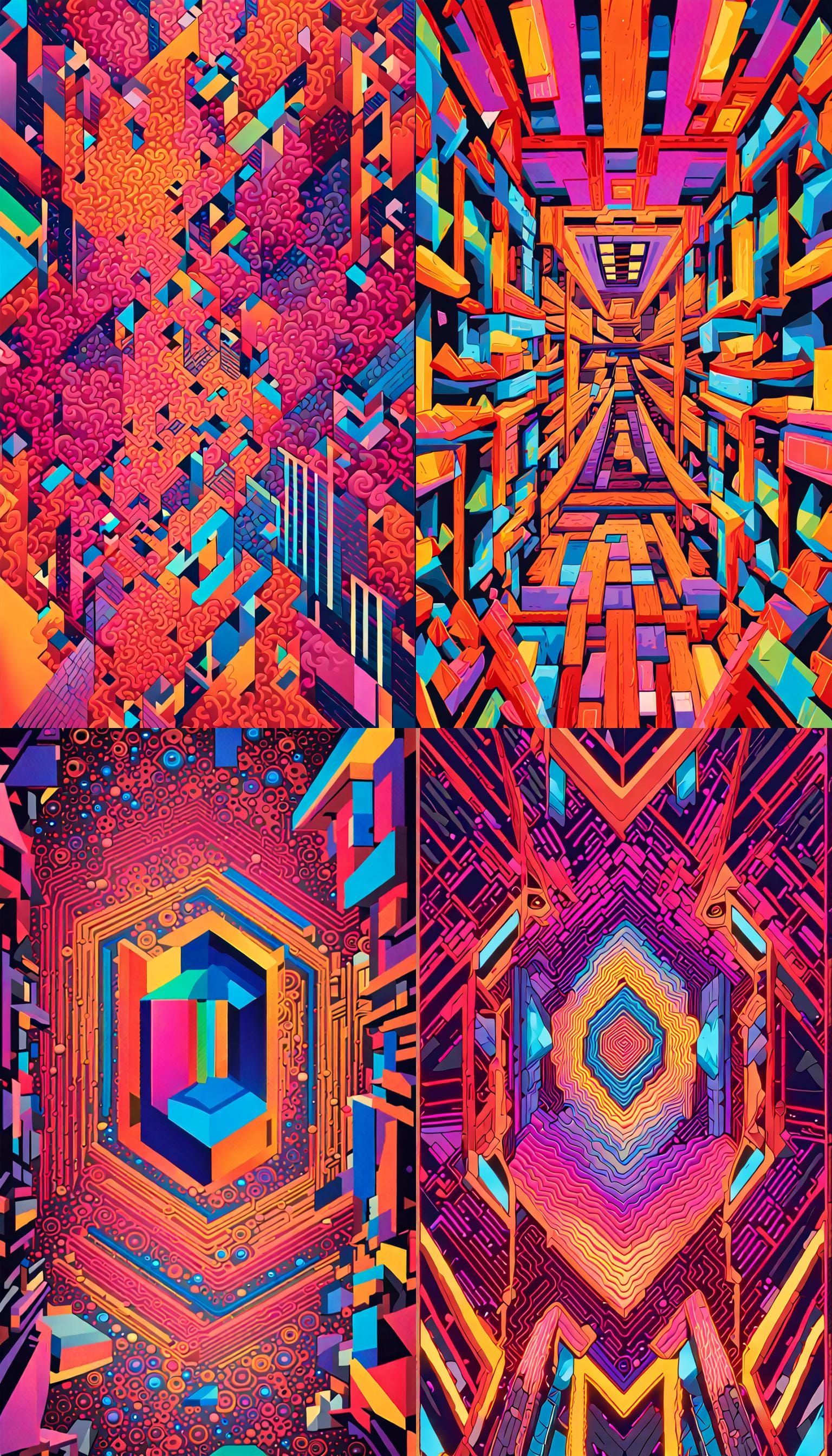 Extrapolate and Illustrate Four Separate Distinct Different Images  
Using bright vivid  BLAZING Neon colors give me wha...