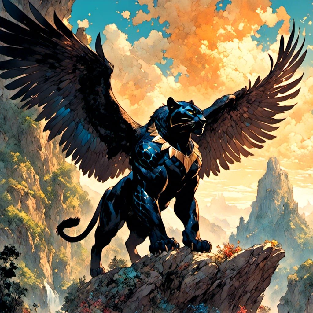 Winged Black Panther Leaps in Fantasy Landscape