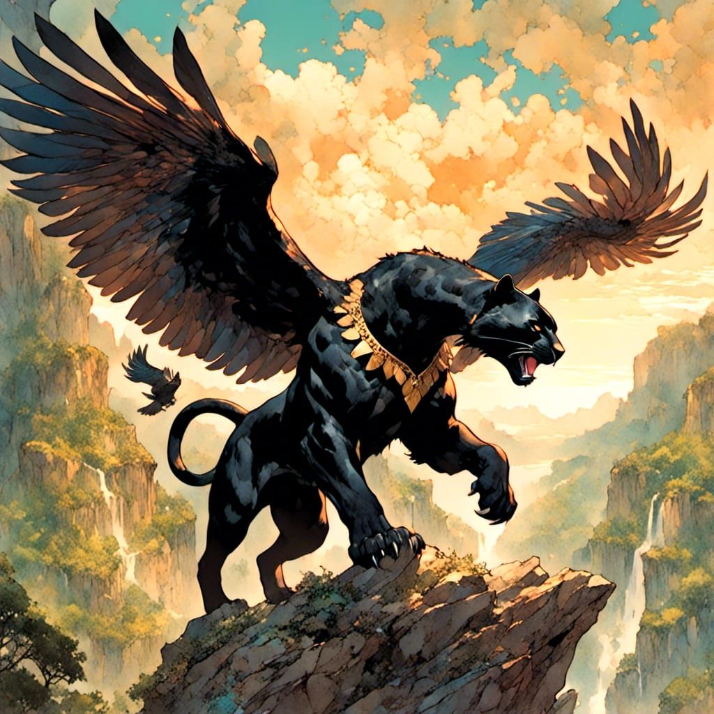 Winged Black Panther Leaps in Fantasy Concept Art