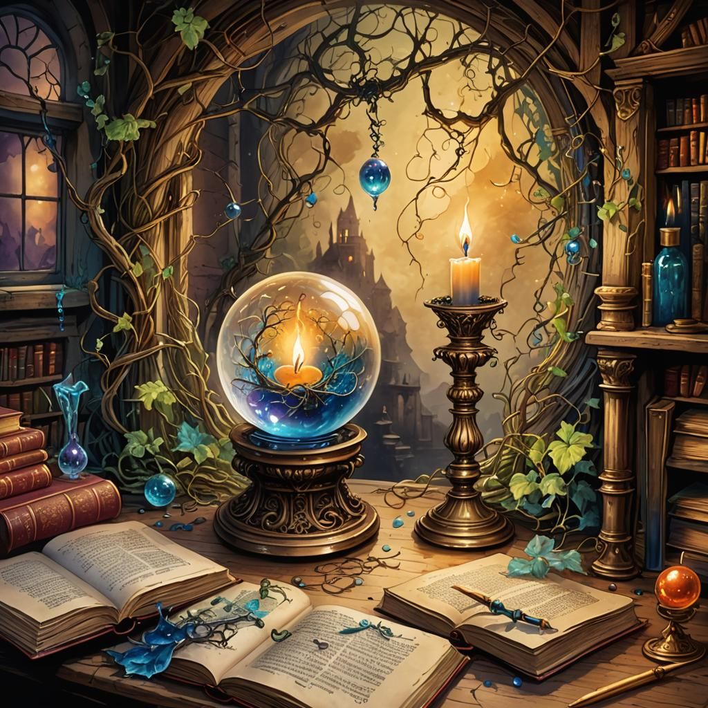 Magical Wizard's Laboratory on Parchment in Watercolor Style