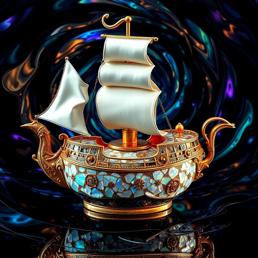 Surreal Ship Teapot Sails Through Cosmic Vortex
