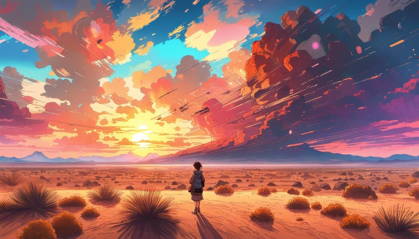 Desert Sunset with Colorful Clouds in Anime Style