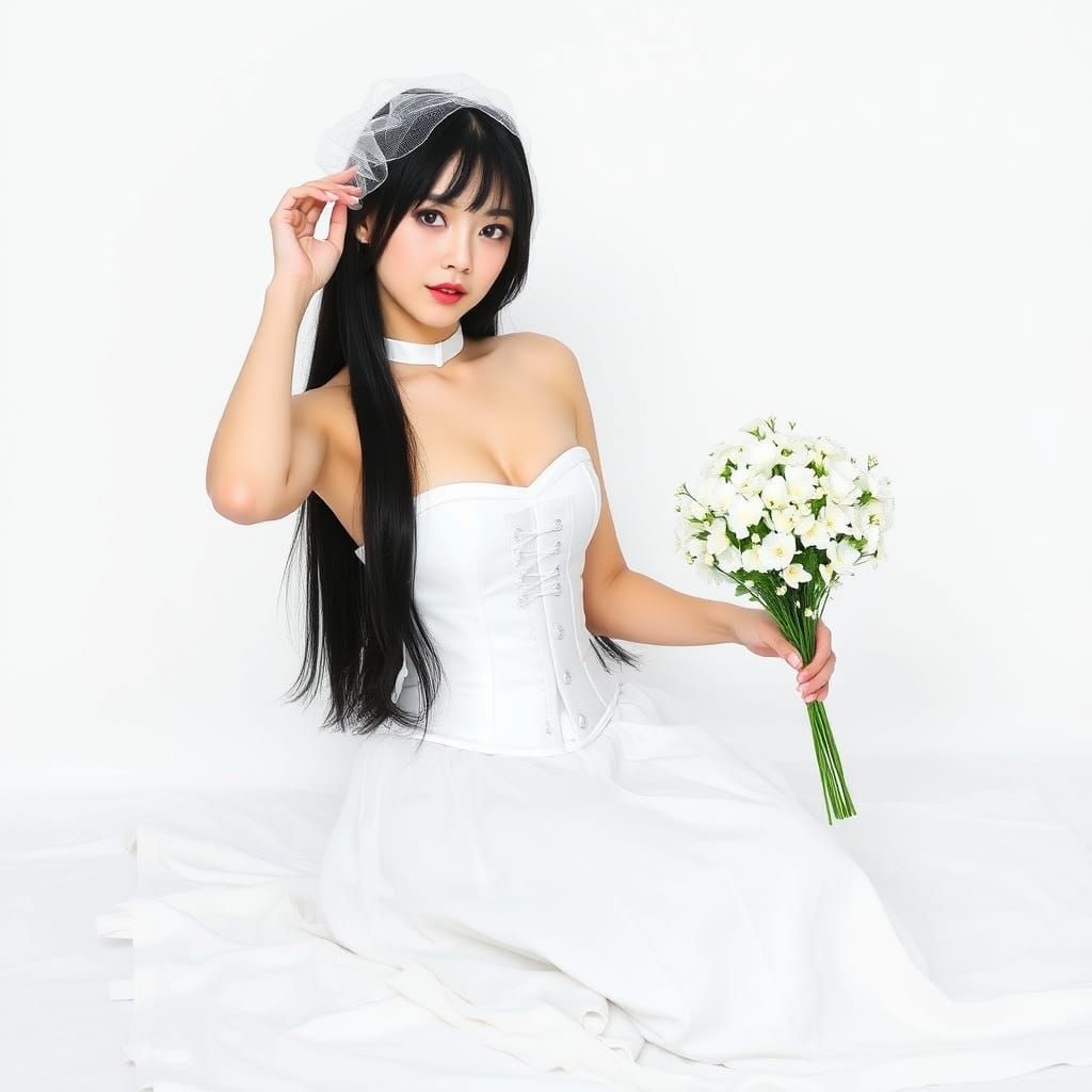 Elegant Japanese Woman in White with Flowers