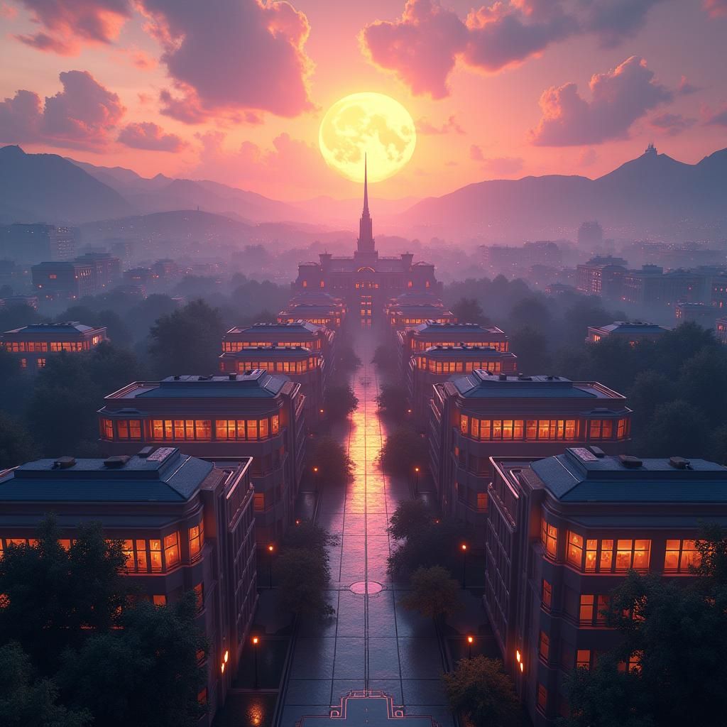 Futuristic School Campus Bathed in Golden Light