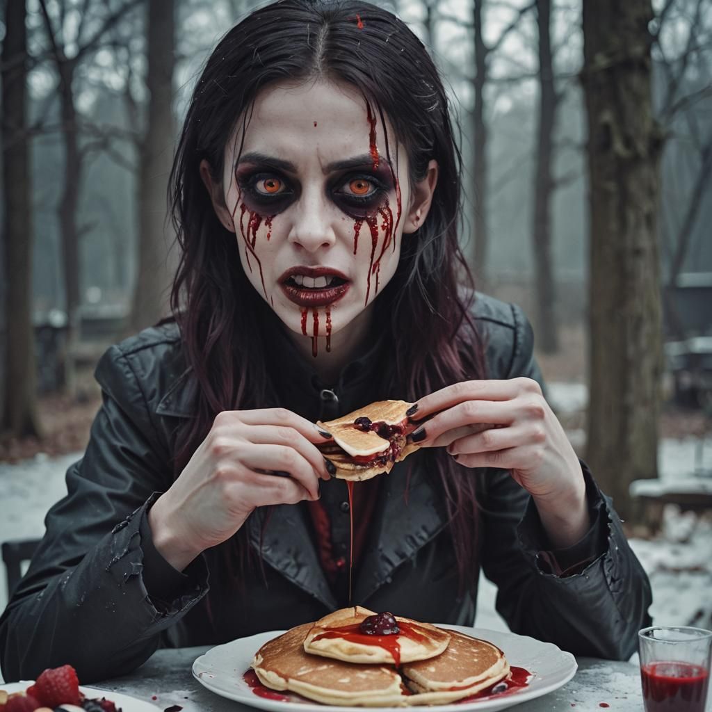 Vampiric Emo Woman's Gory Breakfast: A Cinematic Still