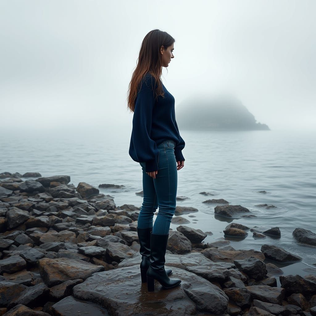 Misty Island Woman in Photorealistic Style