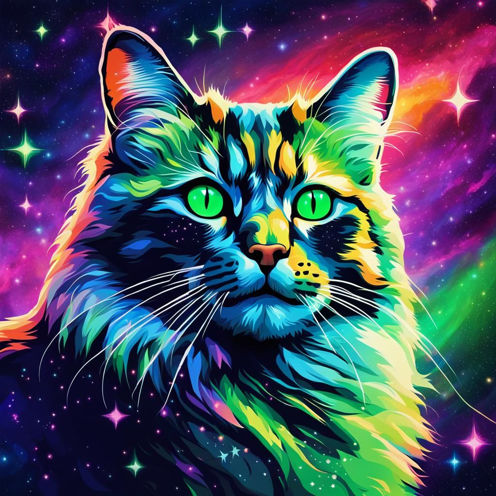 Cosmic Cat Portrait in Synthwave Neon Style