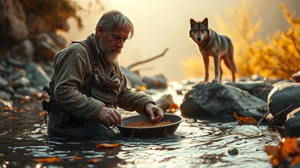 Gold Miner and Wolf in Sepia-Toned Film Still