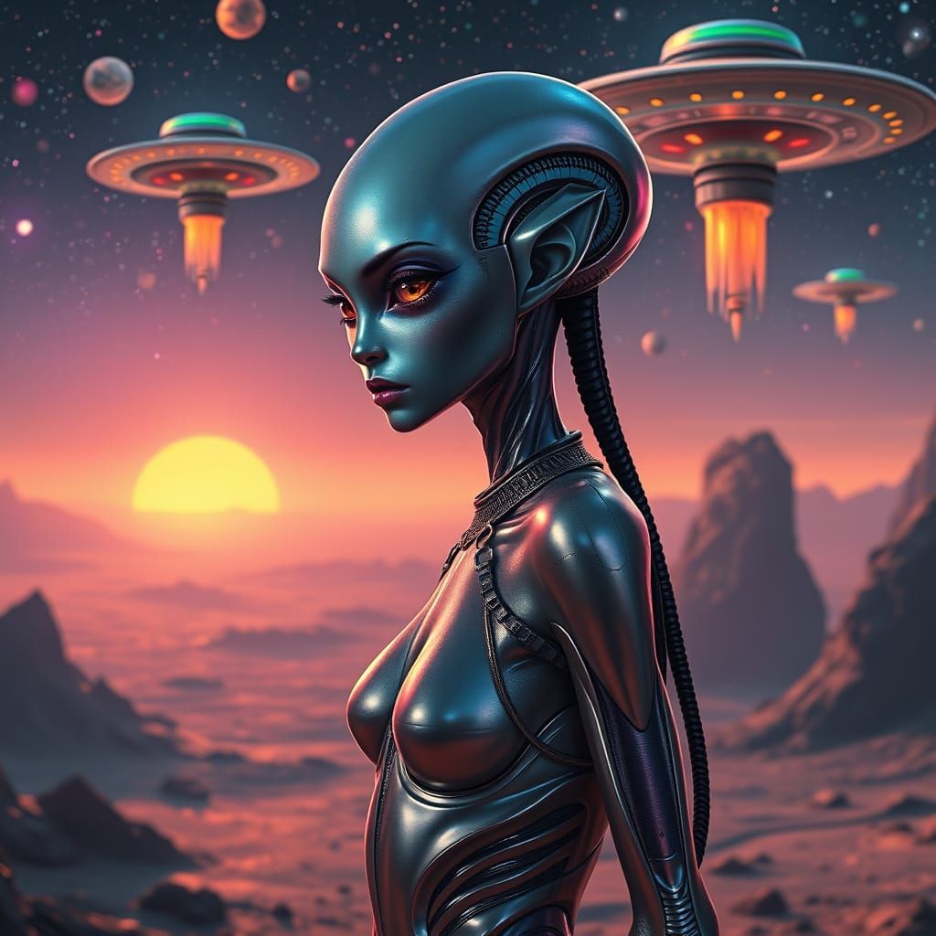 Hyperrealistic Alien Woman on Distant Planet with UFOs