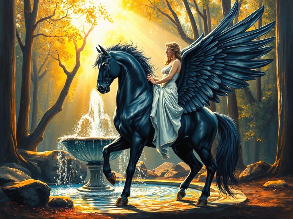 Black Pegasus and Greek Muse in Forest Clearing Oil Painting