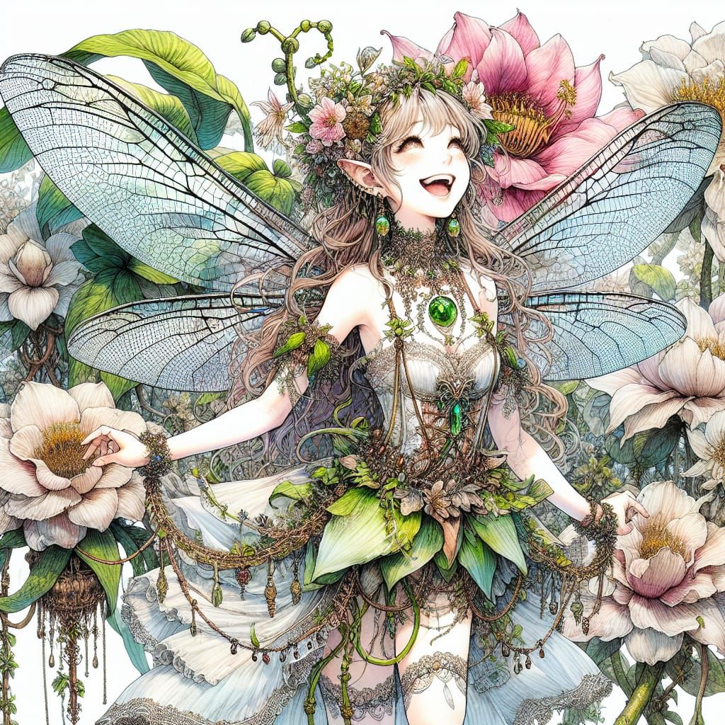 Enchanted Fairy in Whimsical Nature Scene with Asian Medieva...