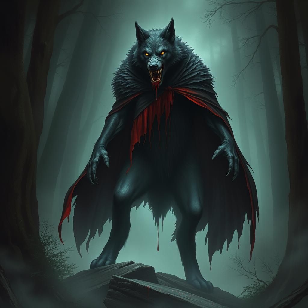 Menacing Wolf in Red Cape: Gothic Illustration