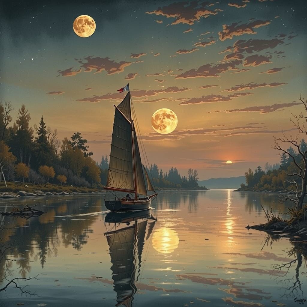 Golden Hour Schooner Sailboat Under Blood Moon