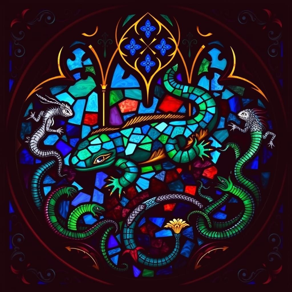 Gothic Axolotl Stained Glass Artwork in Jewel-Toned Fragment...