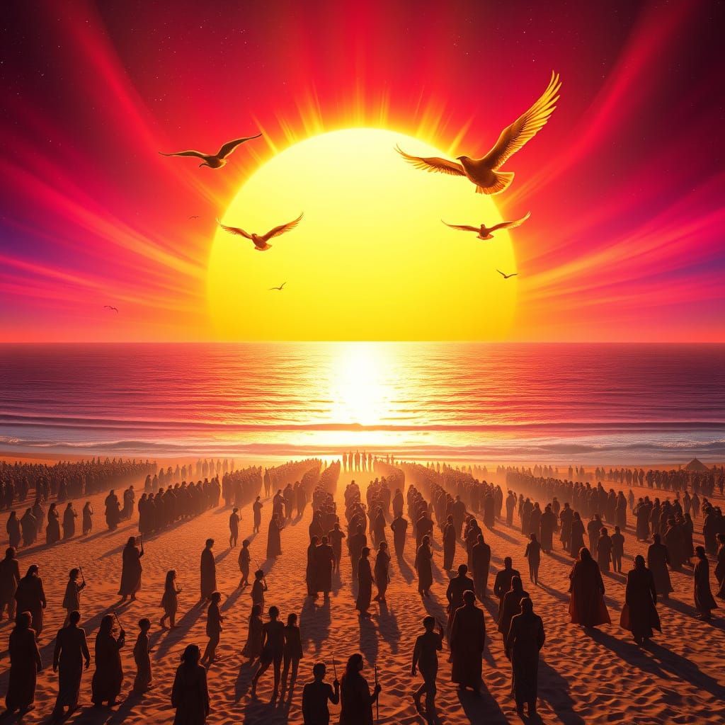 Surreal Beachside Festival Landscape in Vibrant, Cosmic Colo...