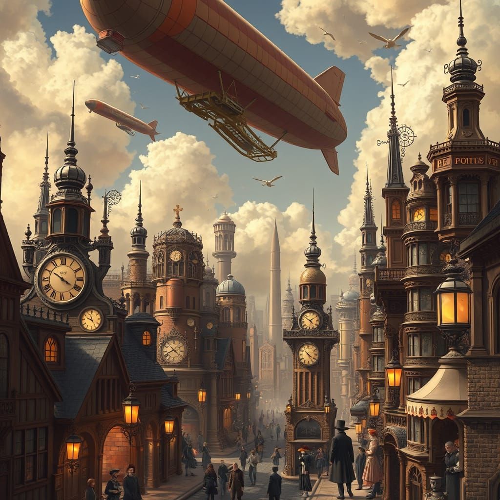 Steampunk Cityscape with Victorian Characters
