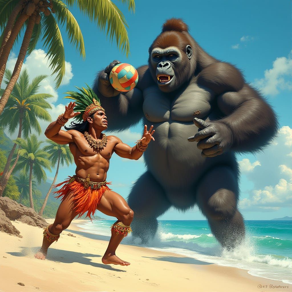 Samoan Warrior and Gorilla Play Beach Volleyball