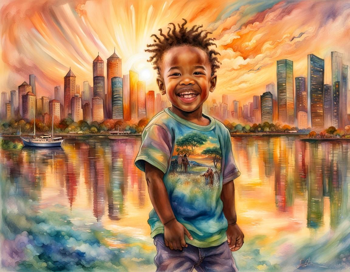 Joyful Toddler Portrait with Double Exposure Effect