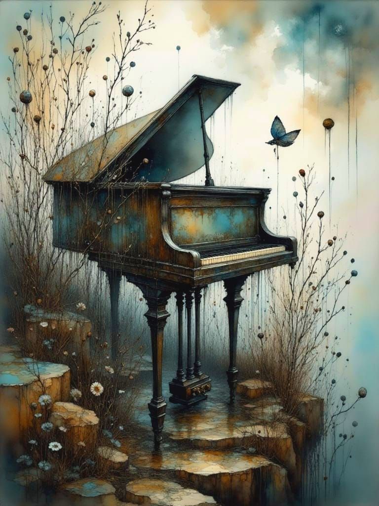 Surreal Piano on a Misty Hillside