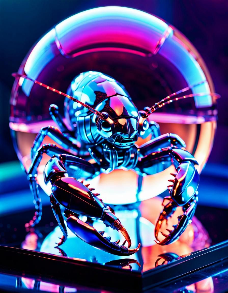 Robot Lobster on Crystal Orb in Neon-Lit Sci-Fi Style