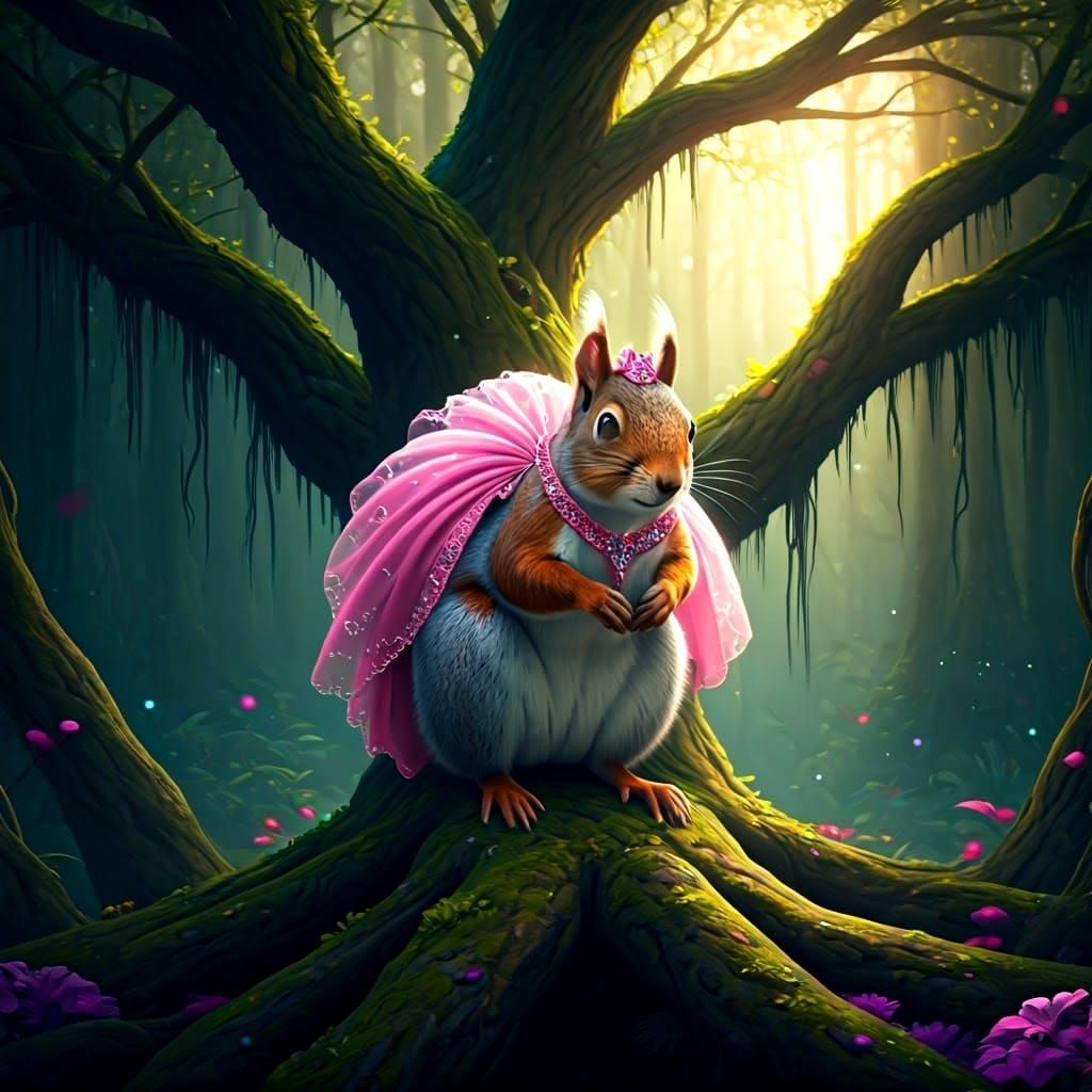 Squirrel in Pink Outfit on Tallest Tree